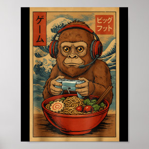 Cute Kawaii Gamer Bigfoot Ramen Retro Japanese Uki Poster