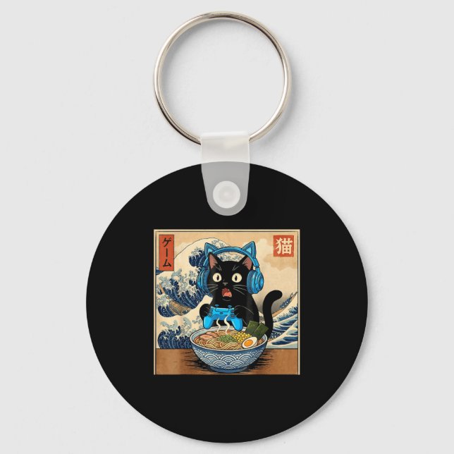 Cute Kawaii Gamer Cat Funny Ramen Japanese Cat Gam Key Ring (Front)