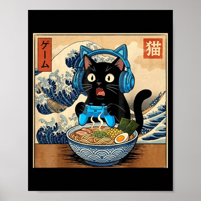 Cute Kawaii Gamer Cat Funny Ramen Japanese Cat Gam Poster (Front)