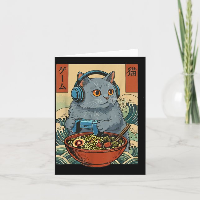 Cute Kawaii Gamer Cat Funny Ramen Retro Japanese C Card (Front)