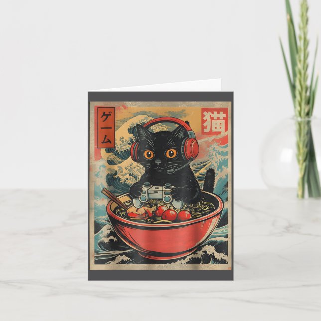 Cute Kawaii Gamer Cat Funny Ramen Retro Japanese C Card (Front)