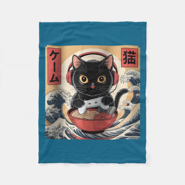 Cute Kawaii Gamer Cat Funny Ramen Retro Japanese C Fleece Blanket (Front)