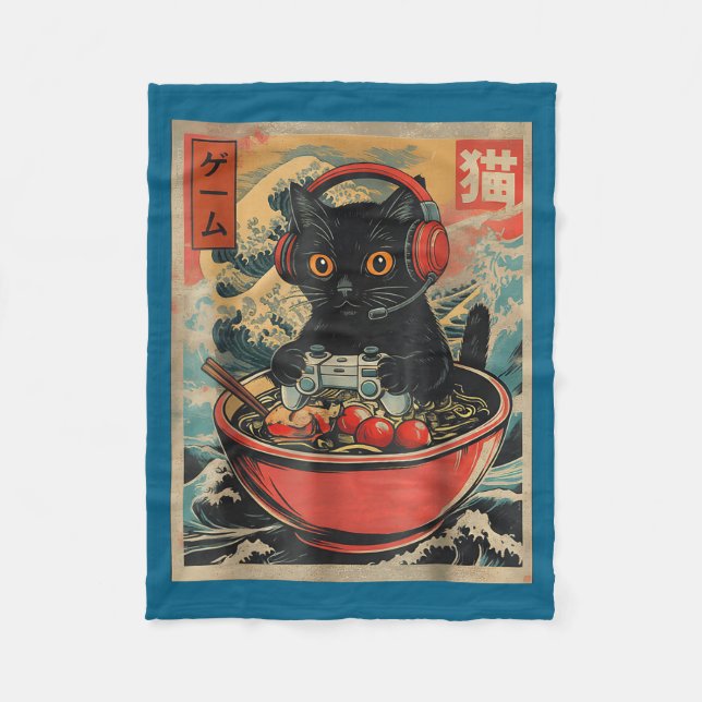 Cute Kawaii Gamer Cat Funny Ramen Retro Japanese C Fleece Blanket (Front)