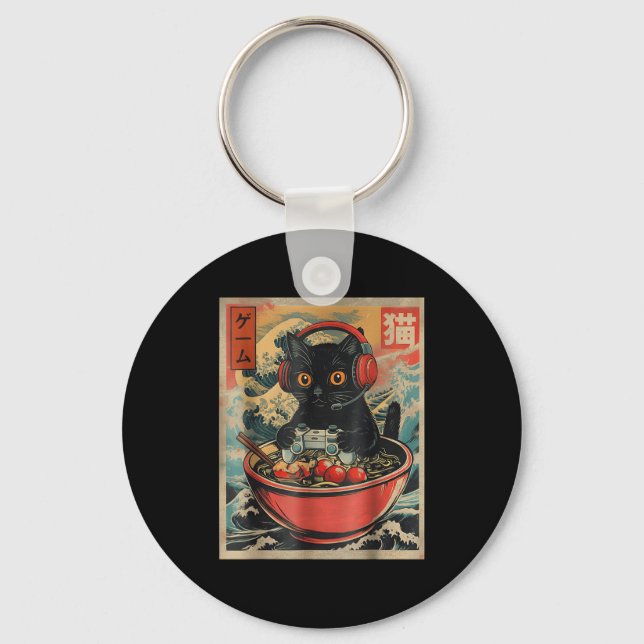 Cute Kawaii Gamer Cat Funny Ramen Retro Japanese C Key Ring (Front)