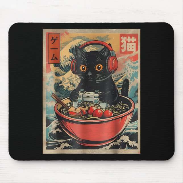 Cute Kawaii Gamer Cat Funny Ramen Retro Japanese C Mouse Mat (Front)
