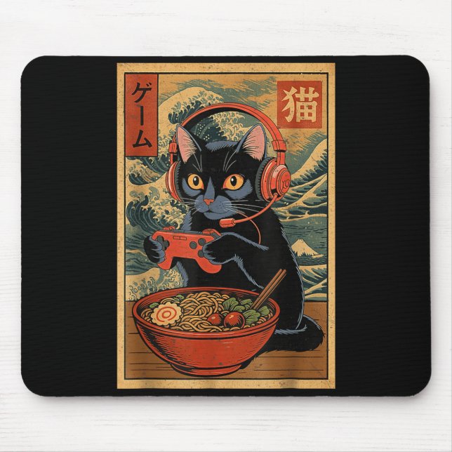 Cute Kawaii Gamer Cat Funny Ramen Retro Japanese C Mouse Mat (Front)