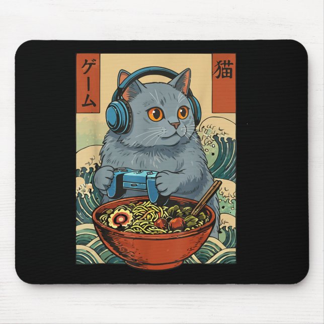 Cute Kawaii Gamer Cat Funny Ramen Retro Japanese C Mouse Mat (Front)