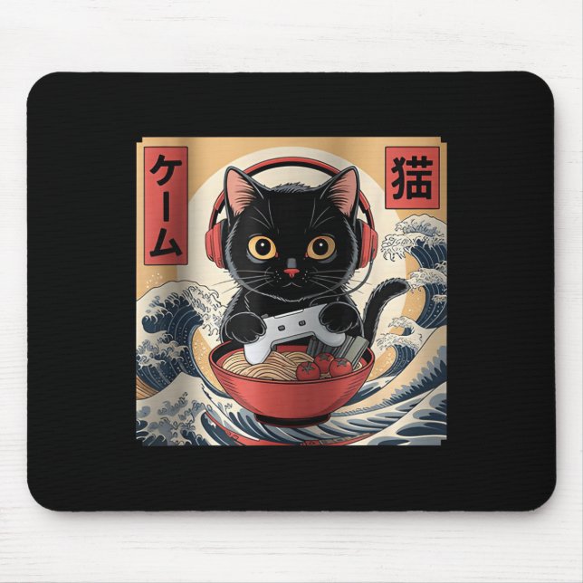 Cute Kawaii Gamer Cat Funny Ramen Retro Japanese C Mouse Mat (Front)