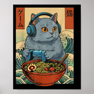 Cute Kawaii Gamer Cat Funny Ramen Retro Japanese C Poster