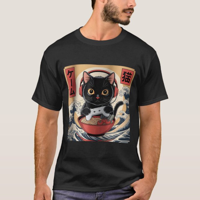 Cute Kawaii Gamer Cat Funny Ramen Retro Japanese C T-Shirt (Front)
