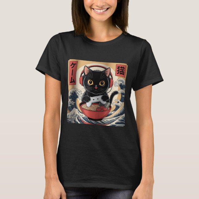 Cute Kawaii Gamer Cat Funny Ramen Retro Japanese C T-Shirt (Front)