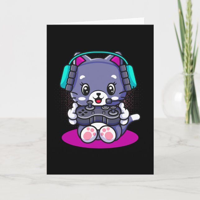 Cute Kawaii Gaming Cat Manga Kitten Gamer Card (Front)