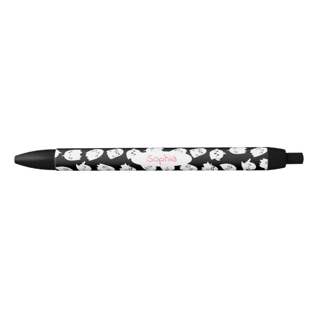 Cute Kawaii Ghost Halloween Script Name Monogram Black Ink Pen (Front)