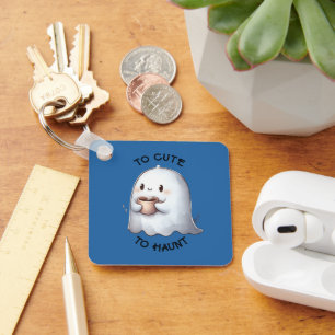 Cute Kawaii Ghost Holding Coffee Watercolor Key Ring