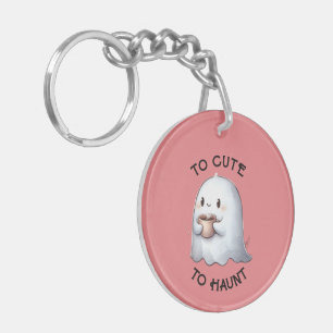 Cute Kawaii Ghost Holding Coffee Watercolor Key Ring