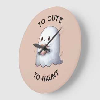 Cute Kawaii Ghost Holding Coffee Watercolor  Large Clock