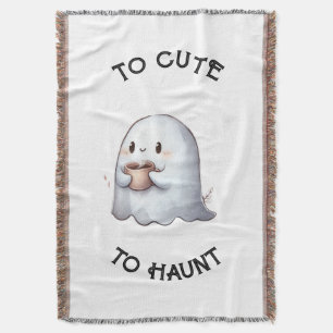 Cute Kawaii Ghost Holding Coffee Watercolor Throw Blanket