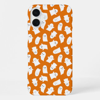 Cute Kawaii Ghost Pattern on Orange Background  iPhone 16 Plus Case
