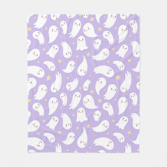 Cute Kawaii Ghost Seamless Pattern on Lavender  Fleece Blanket (Front)