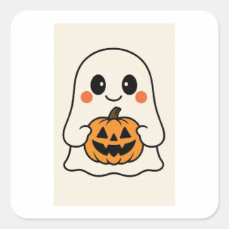 Cute Kawaii Ghost with Pumpkin Square Sticker