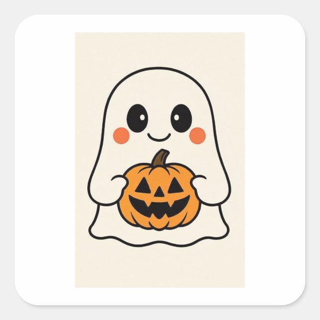 Cute Kawaii Ghost with Pumpkin Square Sticker (Front)