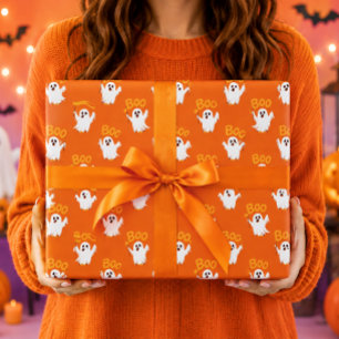 Cute Kawaii Ghosts Halloween Pattern Wrapping Paper