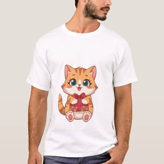 Cute Kawaii Ginger Cat Holding Red Gift Box  ✨🎁 T-Shirt (Front)