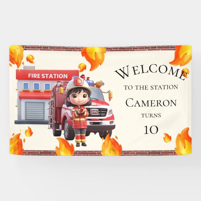 Cute Kawaii Gir Firefighter Fire Truck Party Banne Banner (Horizontal)