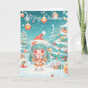 Cute Kawaii Girl at Christmas Holiday Card