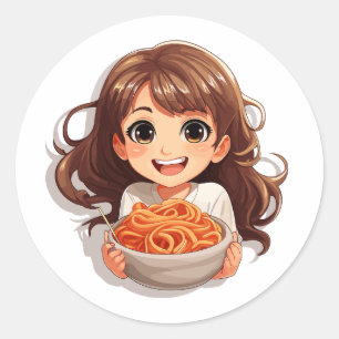 Cute Kawaii Girl Eating Spaghetti Classic Round Sticker