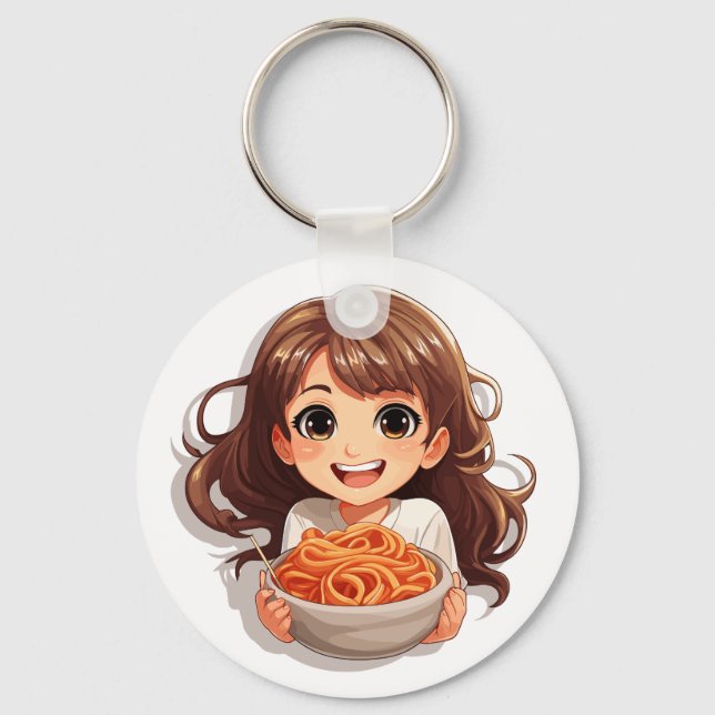 Cute Kawaii Girl Eating Spaghetti Key Ring (Front)