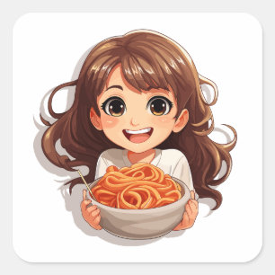 Cute Kawaii Girl Eating Spaghetti Square Sticker