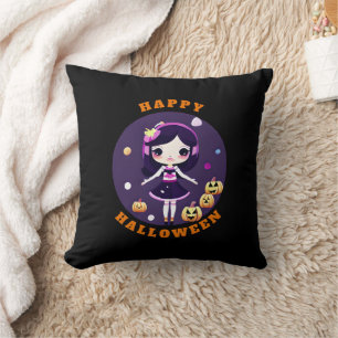 Cute Kawaii Girl in Pumpkins Halloween Cushion