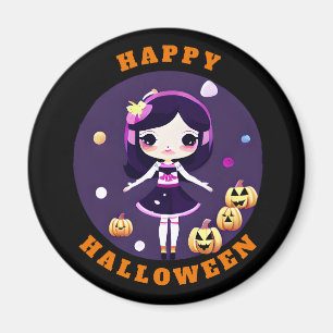 Cute Kawaii Girl in Pumpkins Halloween Magnet