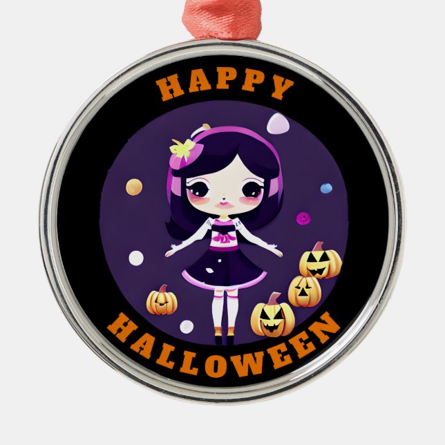 Cute Kawaii Girl in Pumpkins Halloween Metal Tree Decoration (Front)