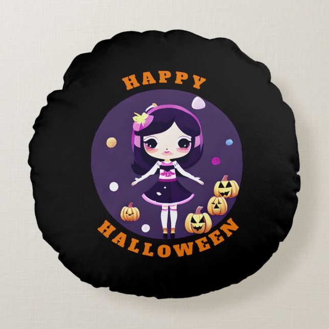 Cute Kawaii Girl in Pumpkins Halloween Round Cushion (Front)