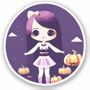 Cute Kawaii Girl with Pumpkins Halloween