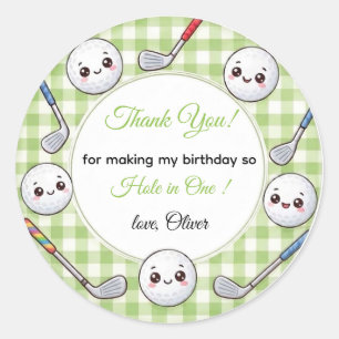 Cute Kawaii Golf Birthday Green Gingham Classic Round Sticker