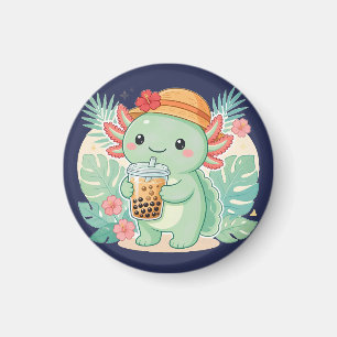 Cute Kawaii Green Axolotl Drinking Boba Tea Fridge Magnet