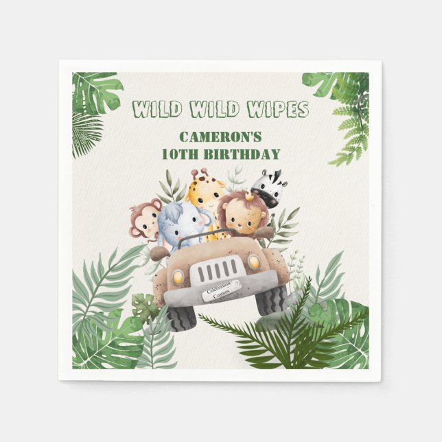 Cute kawaii green wild safari animals party napkin (Front)