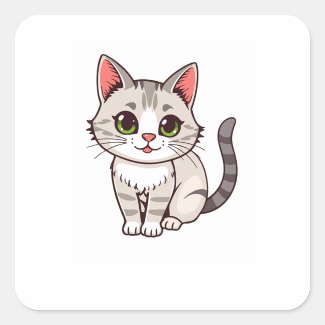 Cute Kawaii Grey Cat Custom Square Sticker (Front)