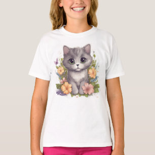 Cute Kawaii Grey Kitten with Flowers T-Shirt