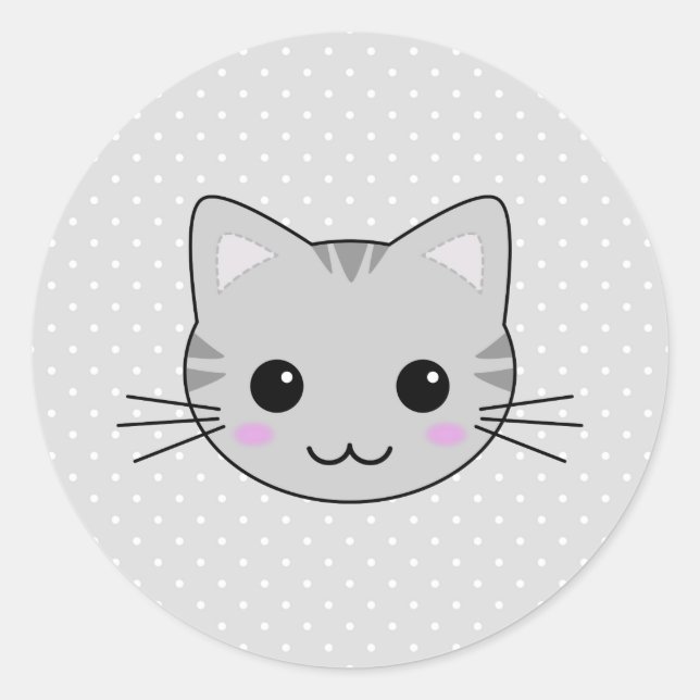 Cute Kawaii Grey Tabby Cat Cartoon Classic Round Sticker (Front)