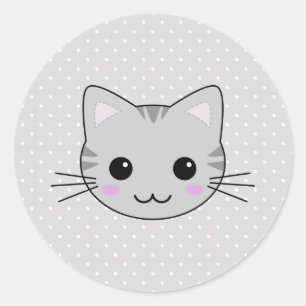 Cute Kawaii Grey Tabby Cat Cartoon Classic Round Sticker