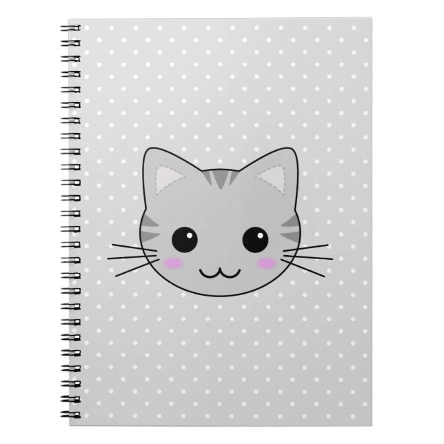 Cute Kawaii Grey Tabby Cat Cartoon Notebook (Front)