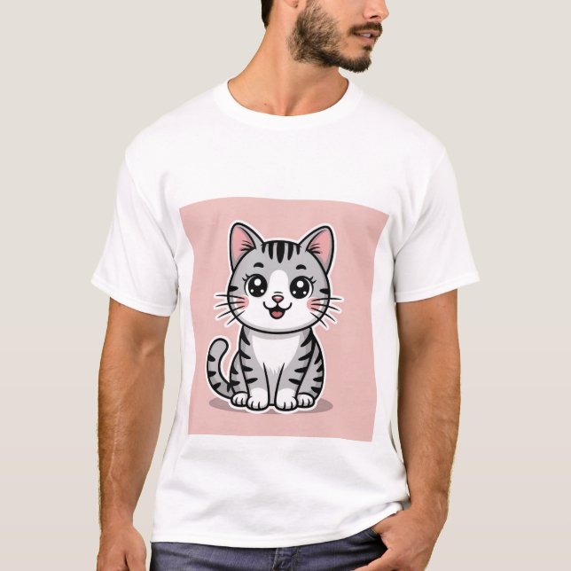 Cute Kawaii Grey Tabby Cat Smiling - Happy Kitten  T-Shirt (Front)