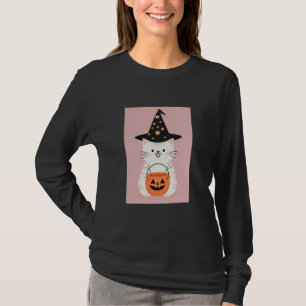 Cute Kawaii Halloween Cat with Witch Hat & Pumpkin T-Shirt