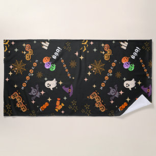 Cute Kawaii Halloween Doodles Spooky Pattern Beach Towel