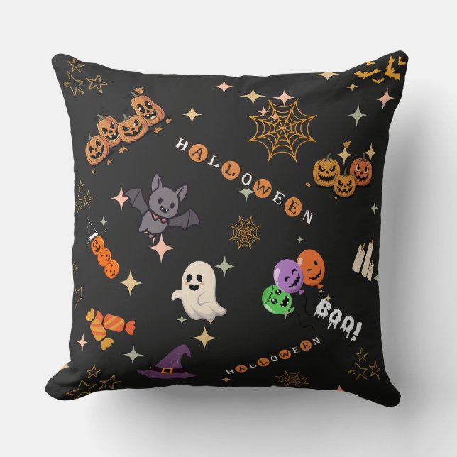 Cute Kawaii Halloween Doodles Spooky Pattern Pillo Cushion (Front)