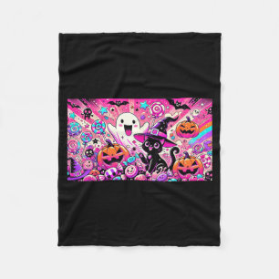 Cute Kawaii Halloween Ghost And Black Cat Art Fleece Blanket